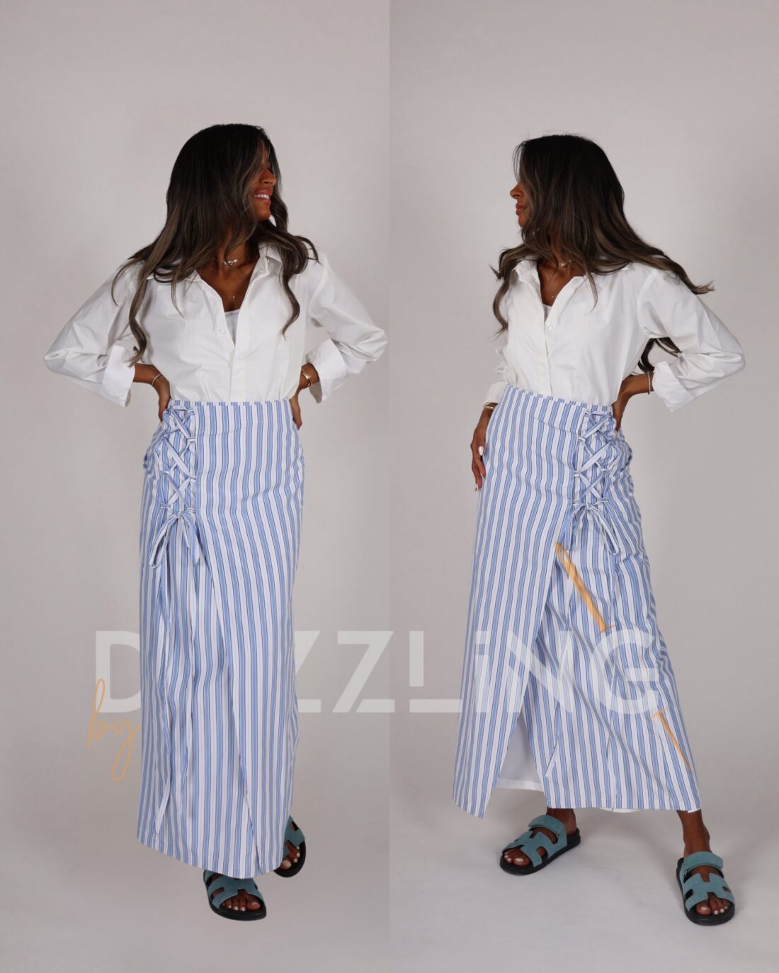 White shirt +wrapped skirt