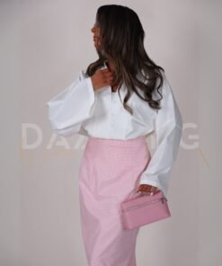 White shirt with pink skirt